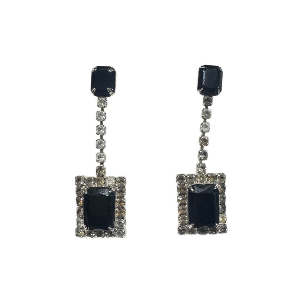 Vintage Art Deco-Style Black & Clear Rhinestone Dangle Earrings - Picture 2 of 6